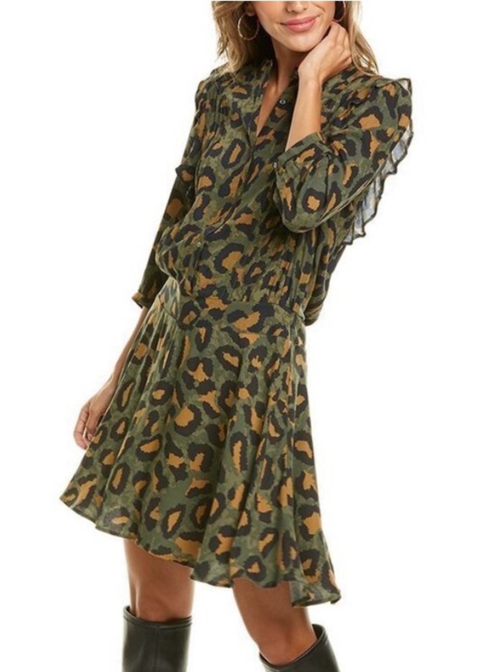 Zadig & Voltaire Remo Leo Green and Black Leopard Print Button-Front Dress Large